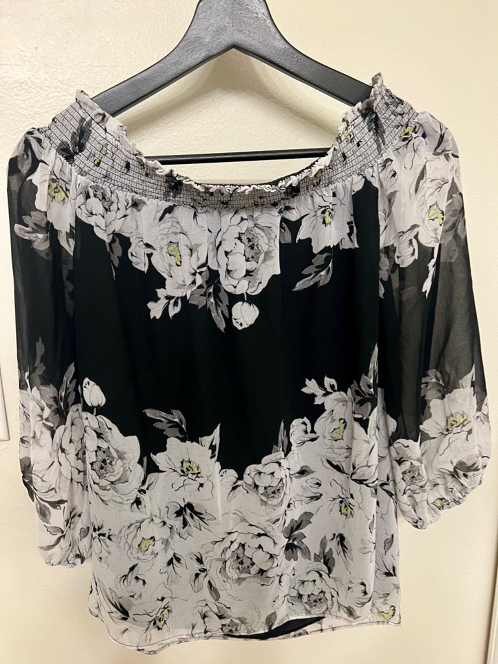 White House Black Market Black and White Floral Off-Shoulder Top
